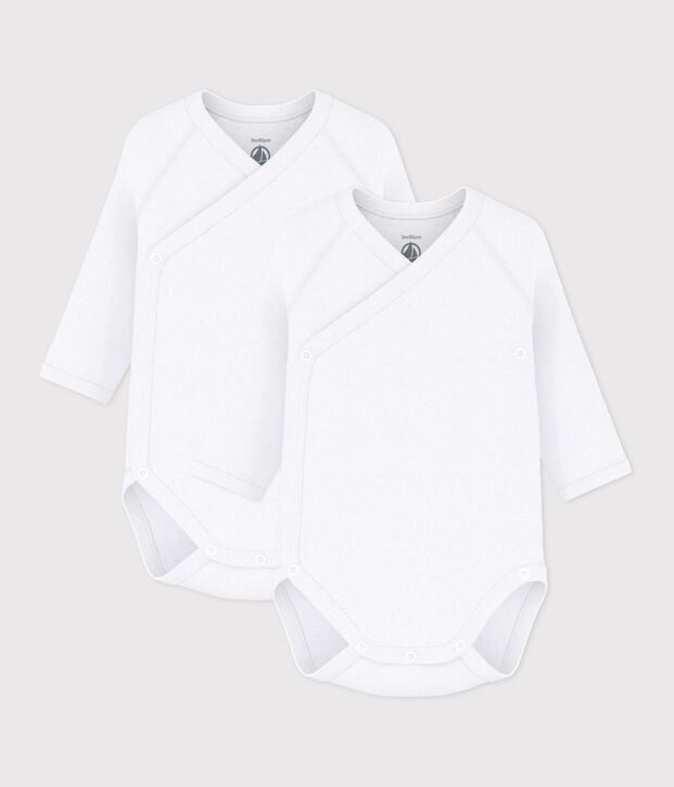 Lot de 2 bodies crois&eacute;s manches longues en coton unis b&eacute;b&eacute; multicouleur
