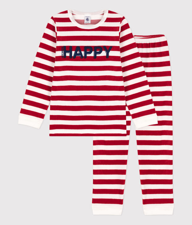 Pyjama  ray&eacute; en velours enfant rouge/blanc