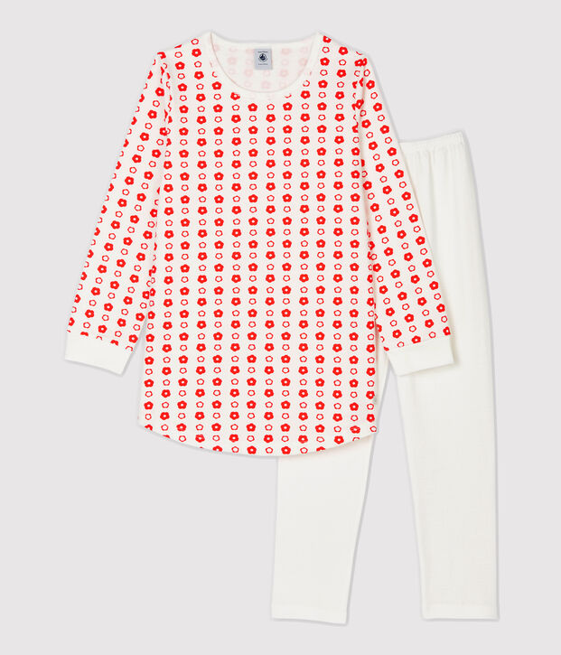 Chemise de nuit imprim&eacute; fleurs graphiques petite fille en molleton blanc/rouge
