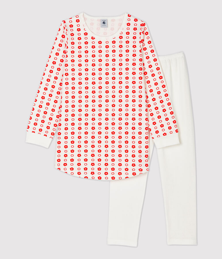 Chemise de nuit imprim&eacute; fleurs graphiques petite fille en molleton blanc MARSHMALLOW/ SPICY