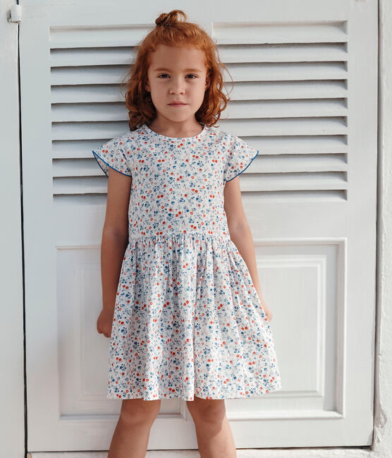 Robe enfant en coton manches courtes fleurie blanc MARSHMALLOW/blanc MULTICO