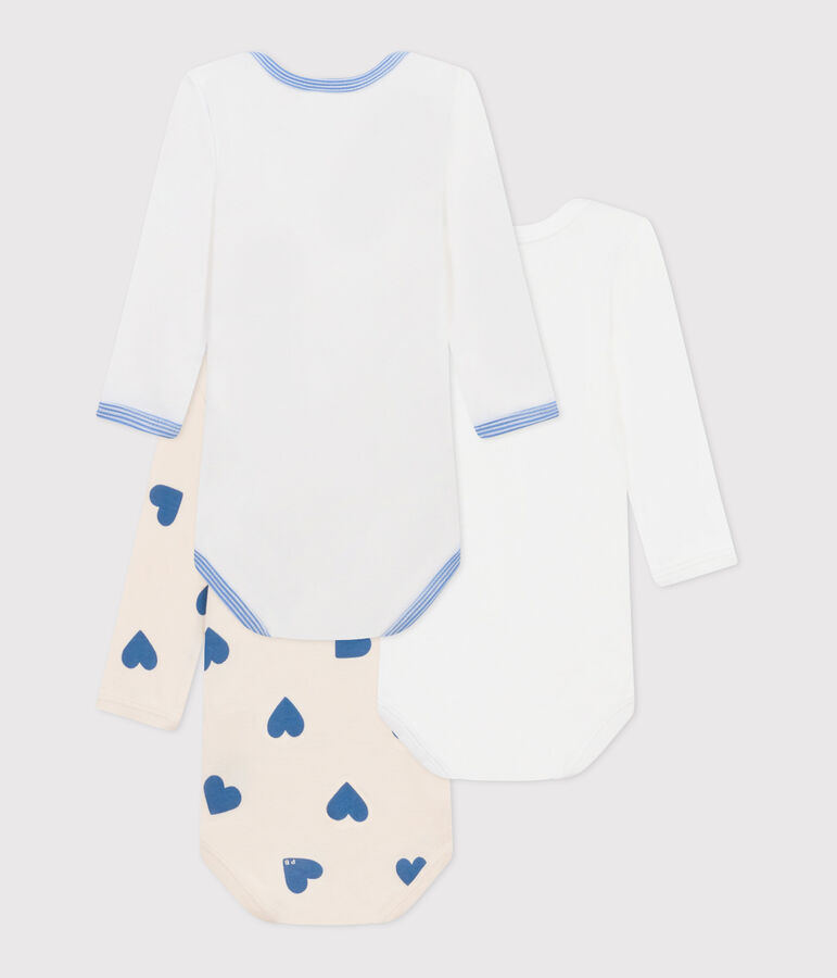 Lot de 3 bodies manches longues c&oelig;urs bleu en coton b&eacute;b&eacute; variante 1