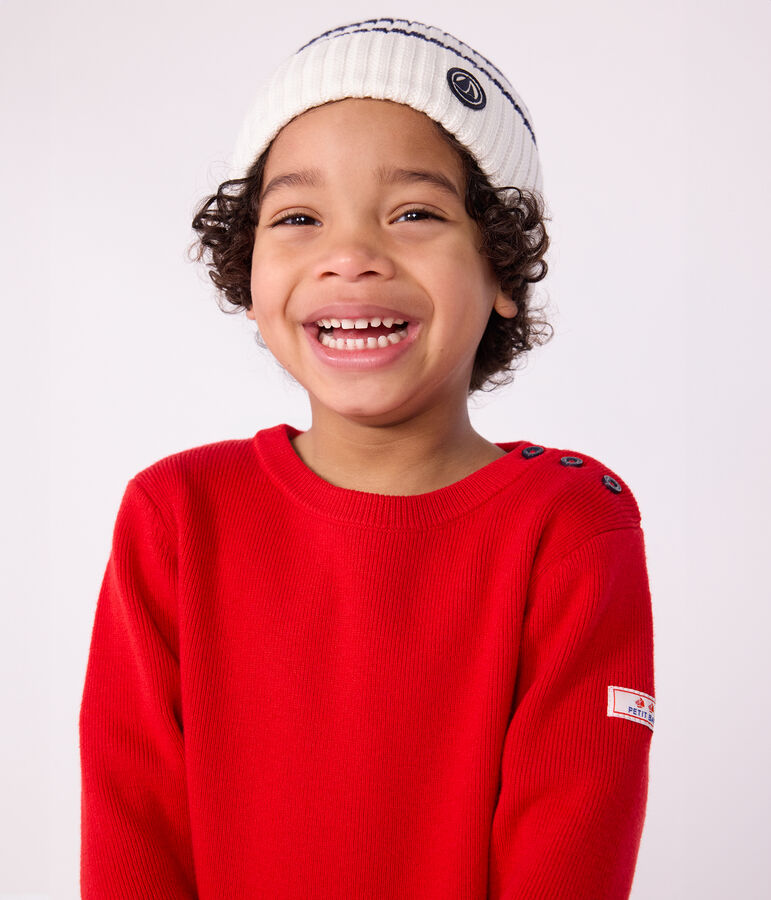 Bonnet enfant ray&eacute; en tricot doubl&eacute; en polaire bleu MARSHMALLOW/ SOIR