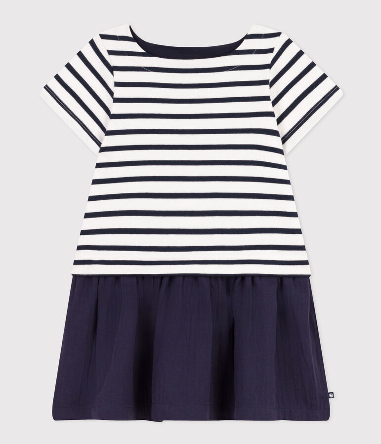 Robe manches courtes jersey &eacute;pais et gaze de coton enfant fille blanc MARSHMALLOW/bleu SMOKING