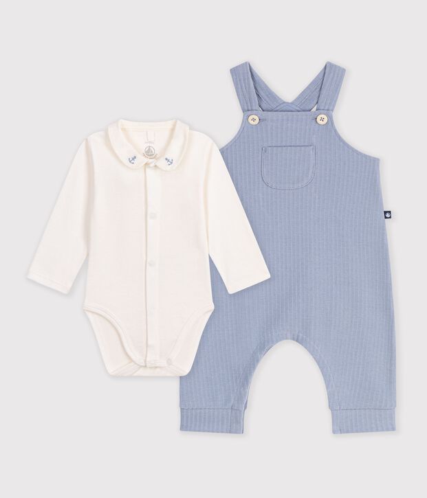 Ensemble salopette et body b&eacute;b&eacute; en coton avec col uni bleu clair