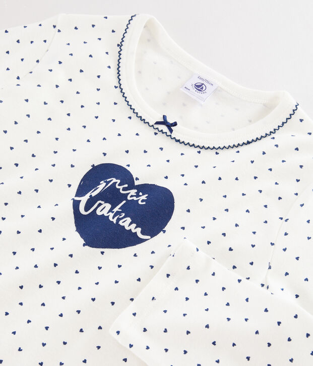 Chemise de nuit mini c&oelig;urs petite fille en c&ocirc;te blanc/bleu