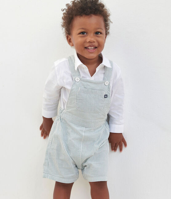 Salopette bébé en coton jambes courtes, rayée blanc MARSHMALLOW/bleu BRUT