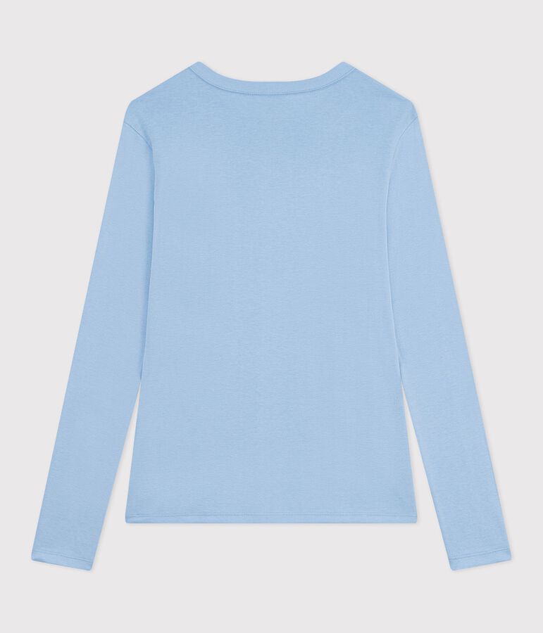 Tee-shirt femme en coton manches longue uni bleu FLO