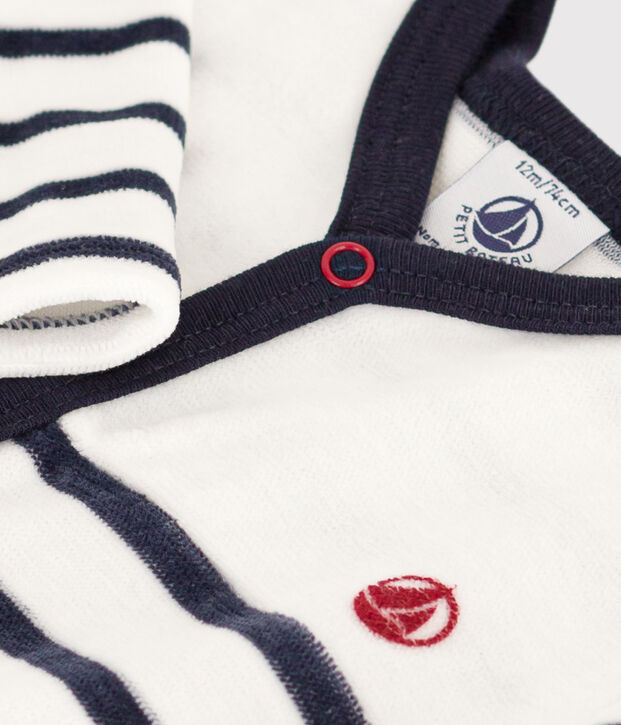 Pyjama b&eacute;b&eacute; ray&eacute; en velours blanc/bleu