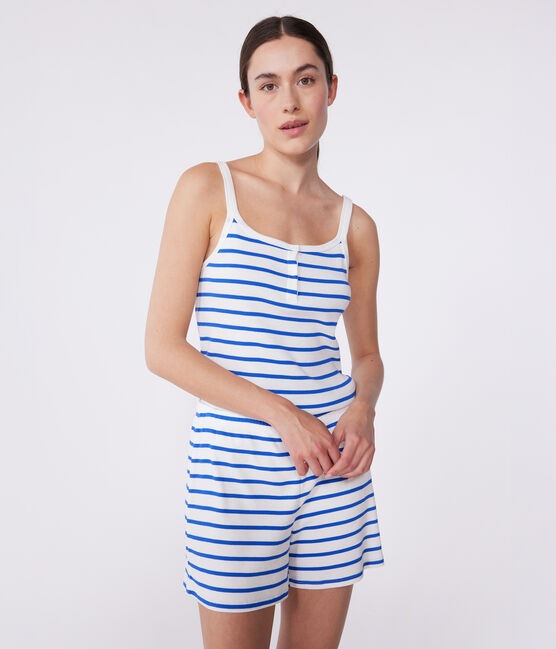 Pyjama short femme en coton à bretelles à rayures blanc MARSHMALLOW/bleu PERSE