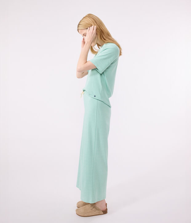 Pyjama femme en coton jambes larges &agrave; rayures vert/blanc