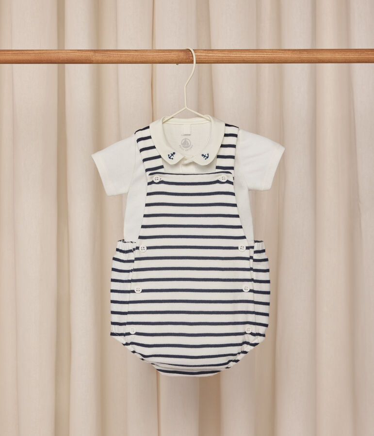 Ensemble 2 pi&egrave;ces b&eacute;b&eacute; en coton ray&eacute; et d&eacute;tails brod&eacute;s blanc/bleu