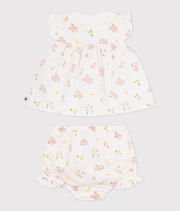 Ensemble 2 pi&egrave;ces b&eacute;b&eacute; en coton, blouse et bloomer imprim&eacute;s fleurs blanc/multicouleur