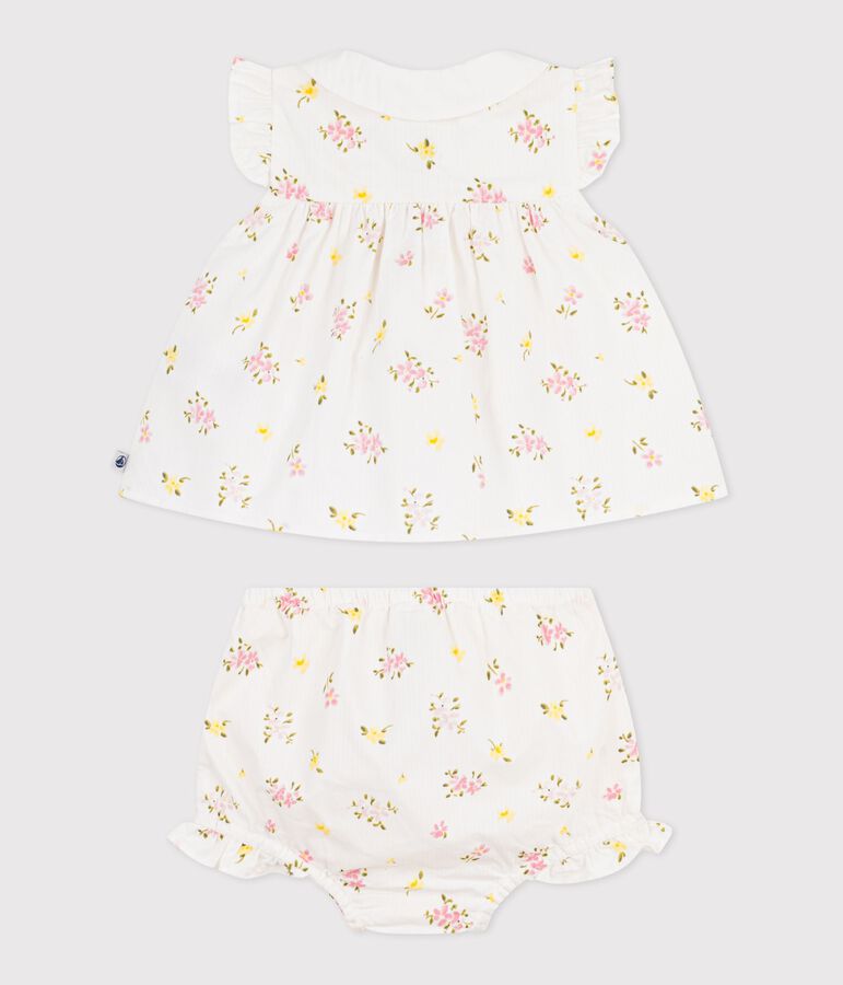 Ensemble 2 pi&egrave;ces b&eacute;b&eacute; en coton, blouse et bloomer imprim&eacute;s fleurs blanc MARSHMALLOW/blanc MULTICO