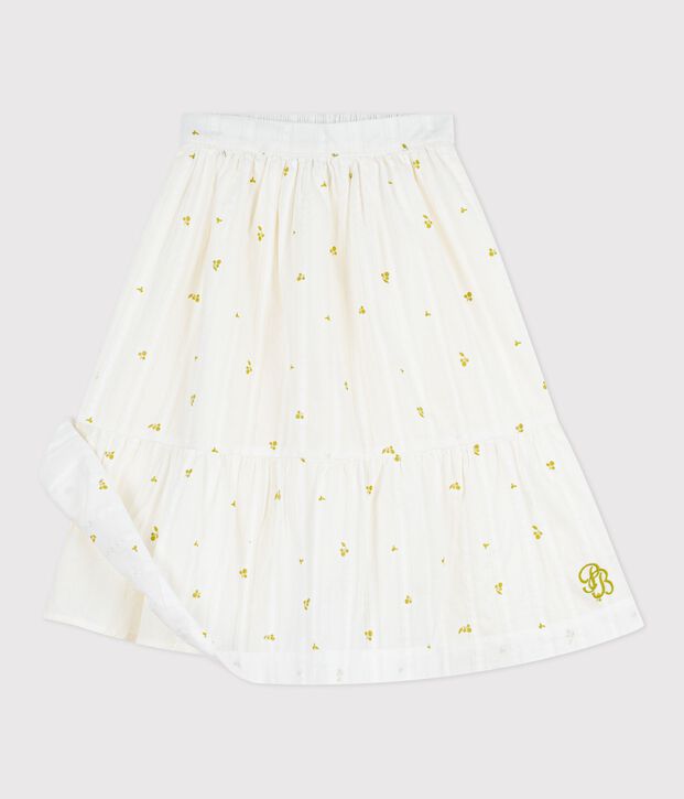 Jupe enfant longue en coton imprim&eacute;e fleurs blanc/vert