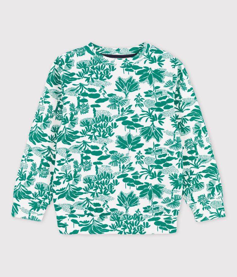 Sweatshirt en molleton enfant gar&ccedil;on blanc MARSHMALLOW/vert GAZON