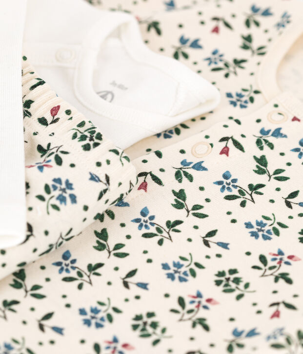 Ensemble 3 pi&egrave;ces b&eacute;b&eacute; en coton imprim&eacute; fleuri &eacute;cru/multicouleur