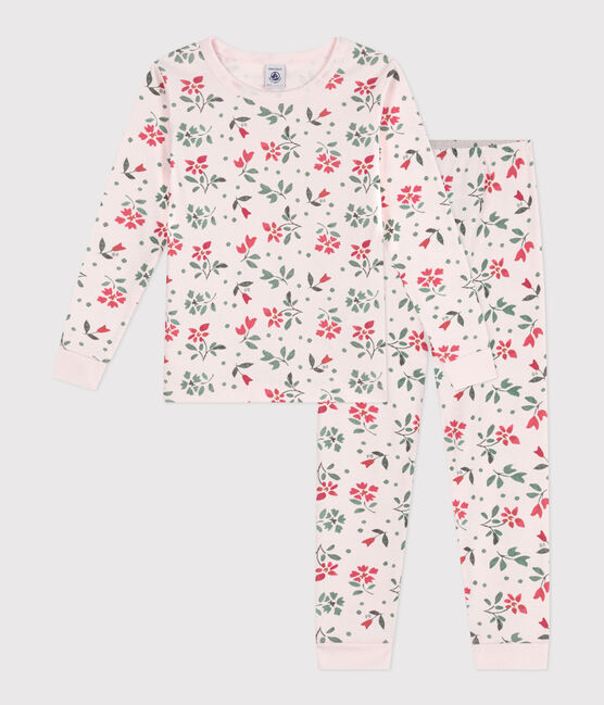 Pyjama très ajusté enfant en coton fleuri rose FLEUR/blanc MULTICO