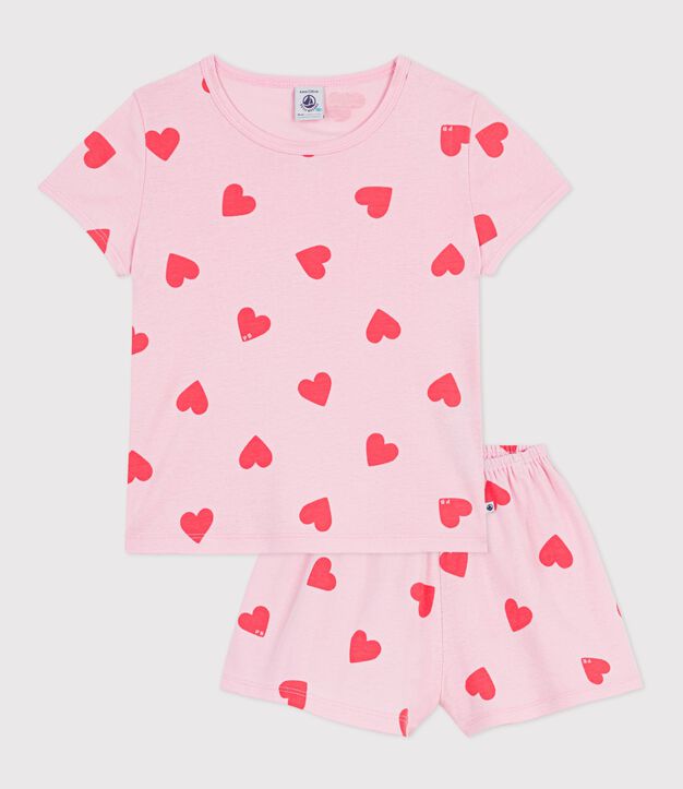 Pyjama short enfant en coton imprim&eacute; c&oelig;urs rose/orange