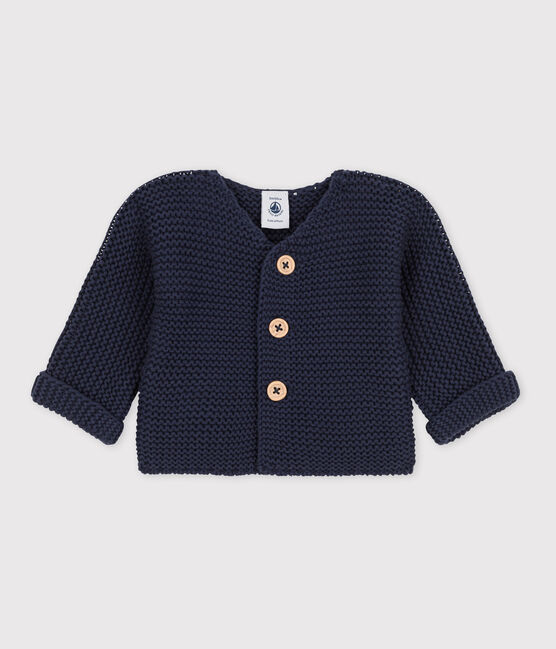 Cardigan bébé tricot point mousse en coton bleu SMOKING