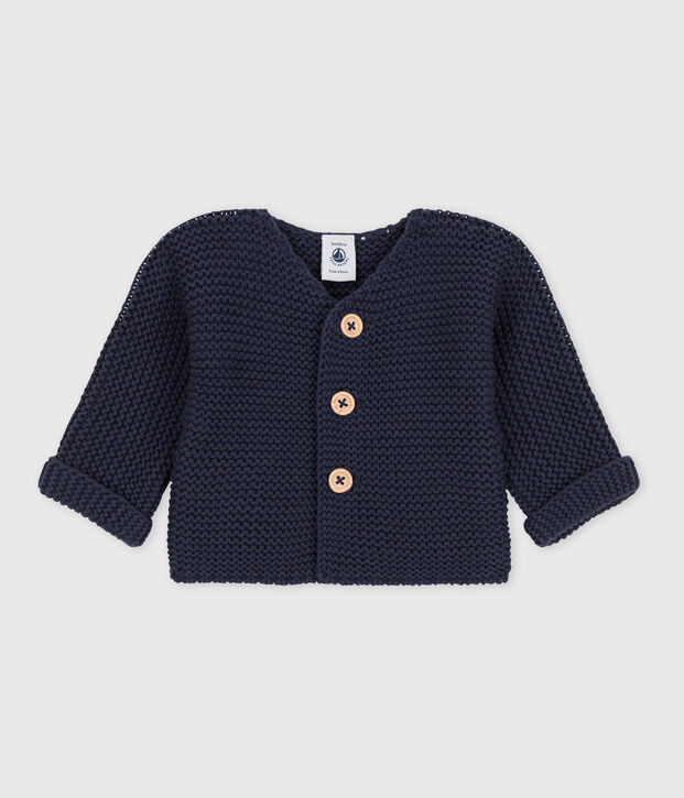 Cardigan b&eacute;b&eacute; tricot point mousse en coton bleu