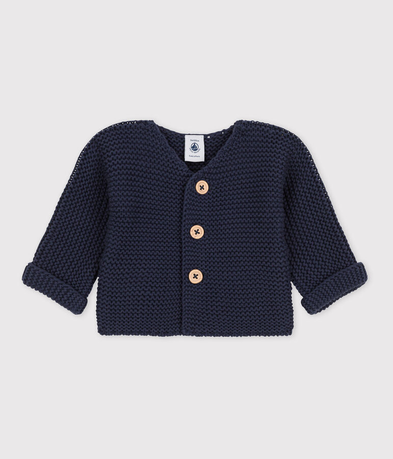 Cardigan b&eacute;b&eacute; tricot point mousse en coton bleu SMOKING