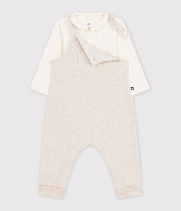 Ensemble salopette et body b&eacute;b&eacute; en coton avec col uni &eacute;cru/&eacute;cru