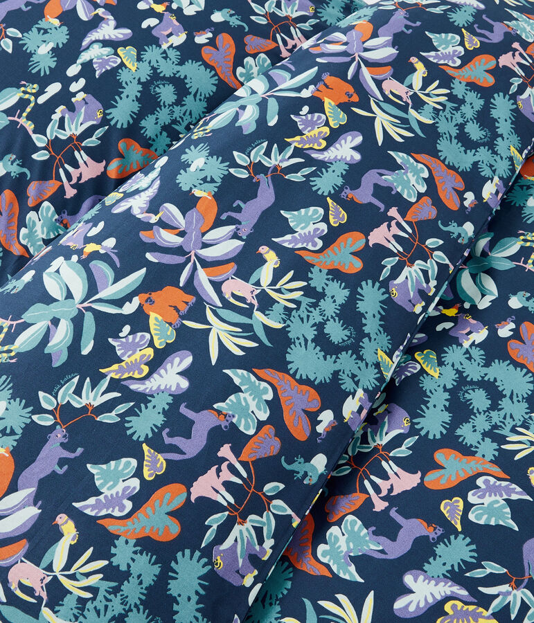 Parure de lit imprim&eacute;e jungle en popeline bleu MEDIEVAL/blanc MULTICO