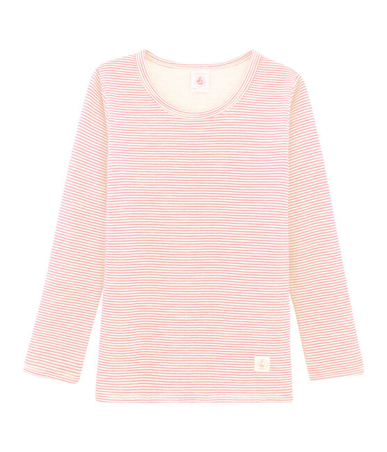 Tee-shirt manches longues enfant en laine et coton rose CHARME/blanc MARSHMALLOW