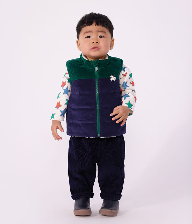 Doudoune b&eacute;b&eacute; sans manches en velours r&eacute;versible sherpa bleu/multicouleur