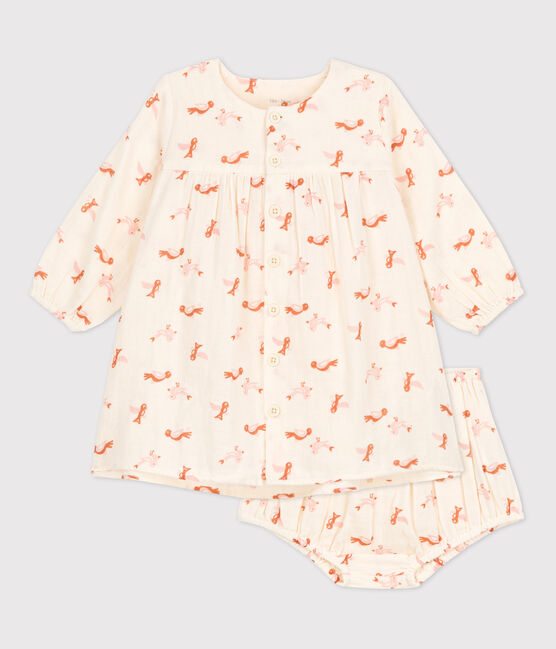 Robe et bloomer bébé imprimés oiseaux en gaze de coton blanc AVALANCHE/ MULTICO