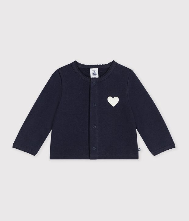 Cardigan b&eacute;b&eacute; en coton uni et badge c&oelig;ur bleu marine