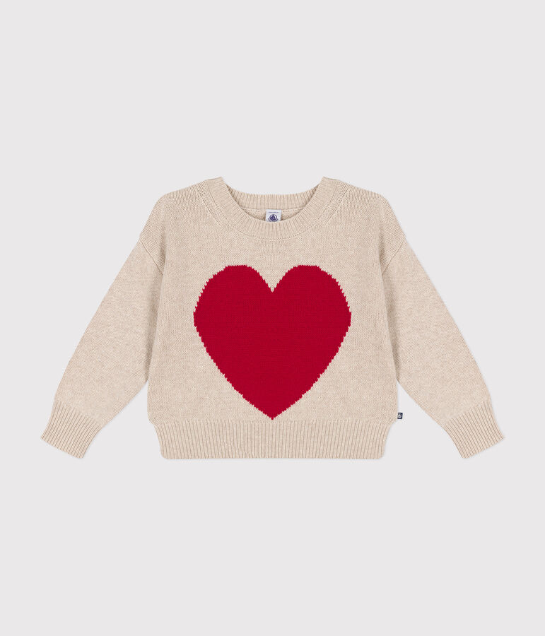 Pull laine et coton enfant fille &eacute;cru/rouge