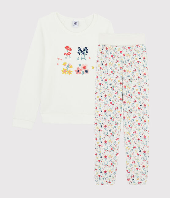 Pyjama petite fille taille montante en bouclette éponge grattée blanc MARSHMALLOW/blanc MULTICO