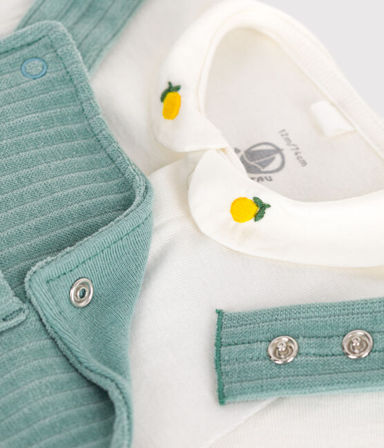 Ensemble naissance salopette et body brodé en coton vert PAUL