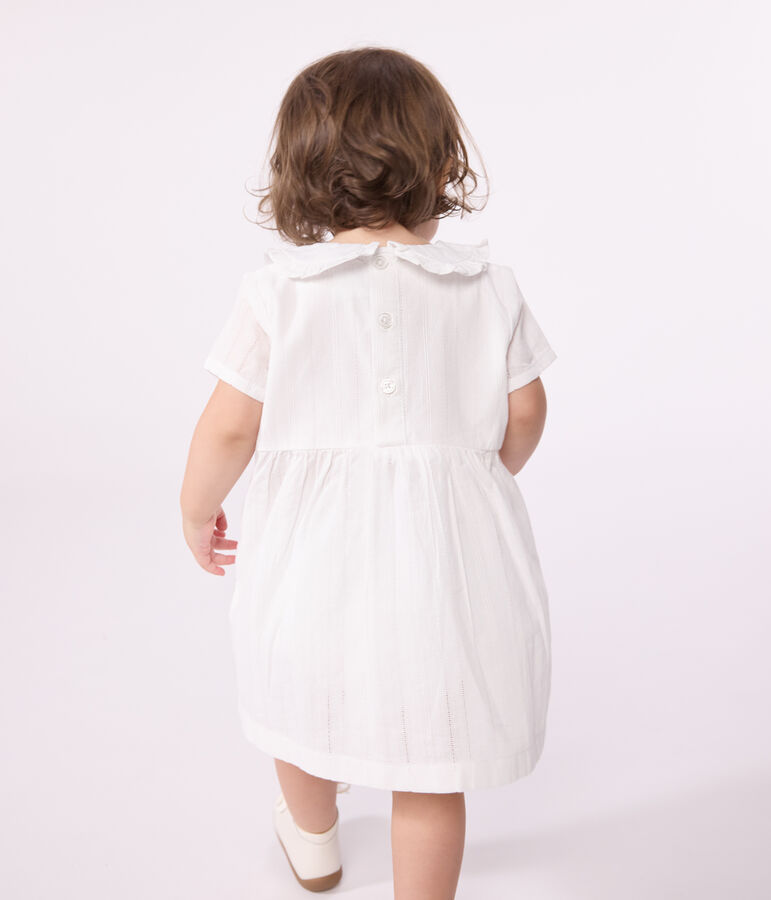 Robe blanche b&eacute;b&eacute; en coton, bloomer et leurs d&eacute;tails ajour&eacute;s blanc ECUME