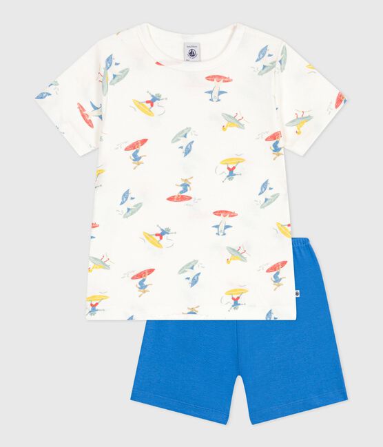 Pyjama short enfant en coton imprimé surfeurs blanc MARSHMALLOW/blanc MULTICO