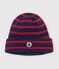 Bonnet enfant &agrave; rayures en tricot doubl&eacute; polaire bleu/rouge