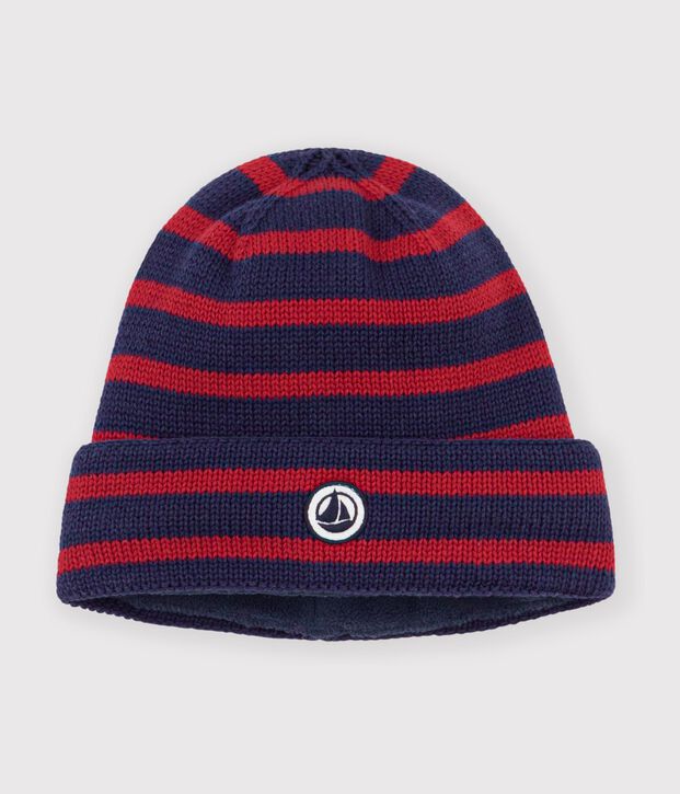 Bonnet enfant &agrave; rayures en tricot doubl&eacute; polaire bleu/rouge