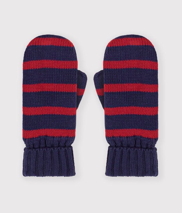 Moufles enfant en tricot &agrave; rayures doubl&eacute; polaire bleu/rouge