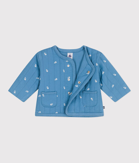 Veste bébé en coton matelassée, imprimé petites fleurs bleu ALASKA/blanc MARSHMALLOW