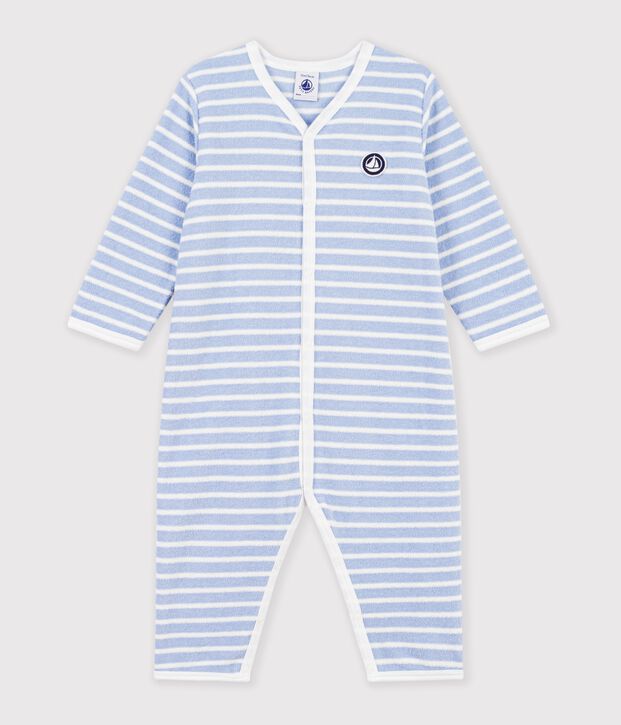 Pyjama b&eacute;b&eacute; en coton &eacute;ponge sans pieds &agrave; rayures bleu/&eacute;cru