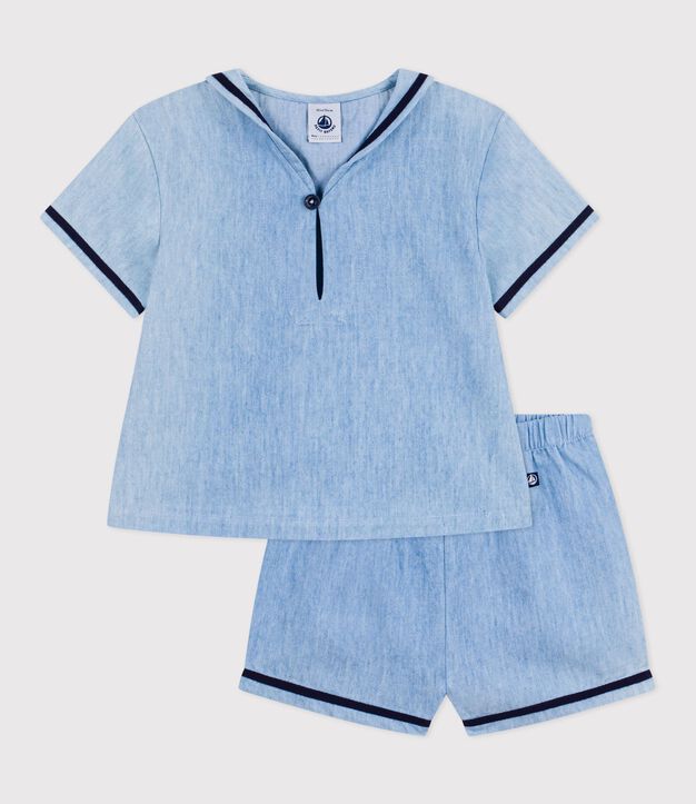Ensemble b&eacute;b&eacute; 2 pi&egrave;ces en chambray, tee-shirt col vareuse bleu