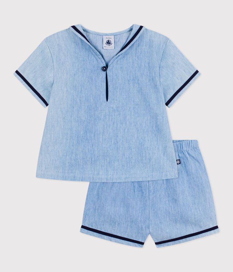 Ensemble b&eacute;b&eacute; 2 pi&egrave;ces en chambray, tee-shirt col vareuse bleu
