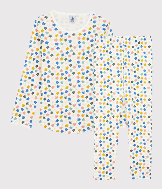 Pyjama fleurs phosphorescentes petite fille en coton blanc MARSHMALLOW/blanc MULTICO