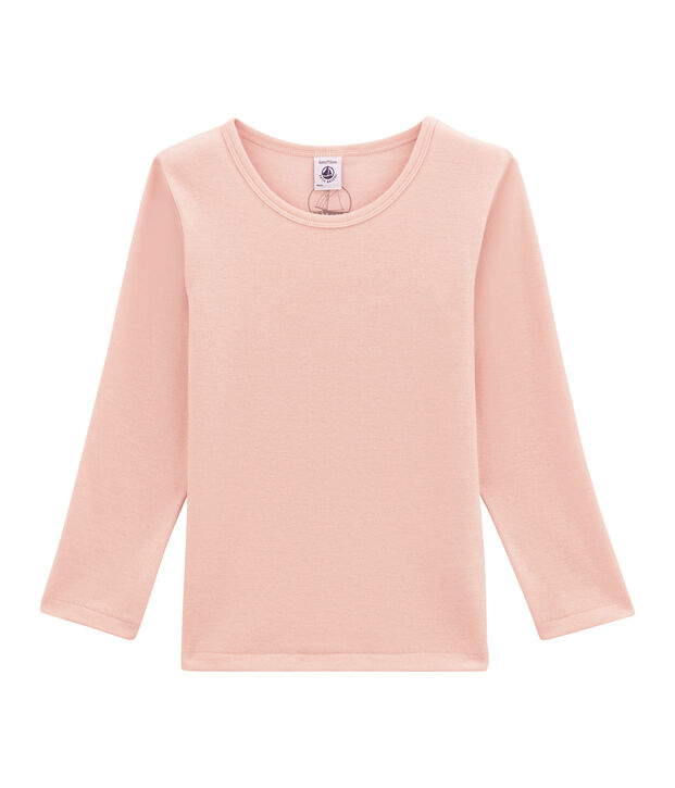 tee-shirt manches longues petite fille en laine et coton rose clair