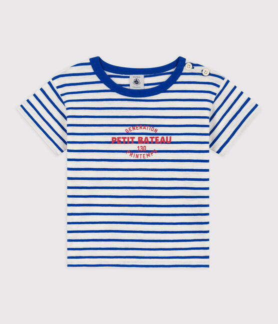 Tee-shirt manches courtes bébé rayé en coton blanc MARSHMALLOW/bleu PERSE