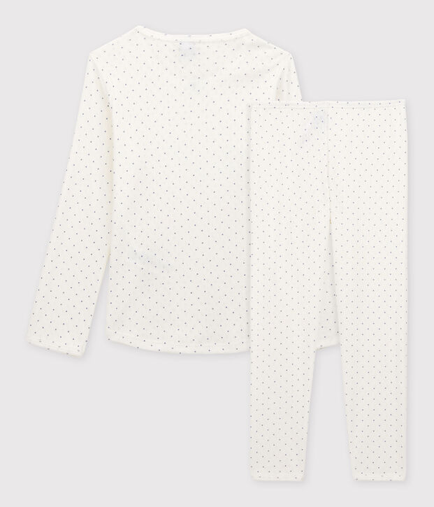 Pyjama ajour&eacute; &agrave; pois petit fille en coton biologique blanc/bleu