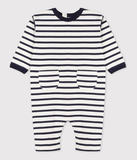Combinaison bébé rayée marinière en jersey épais blanc MARSHMALLOW/bleu SMOKING
