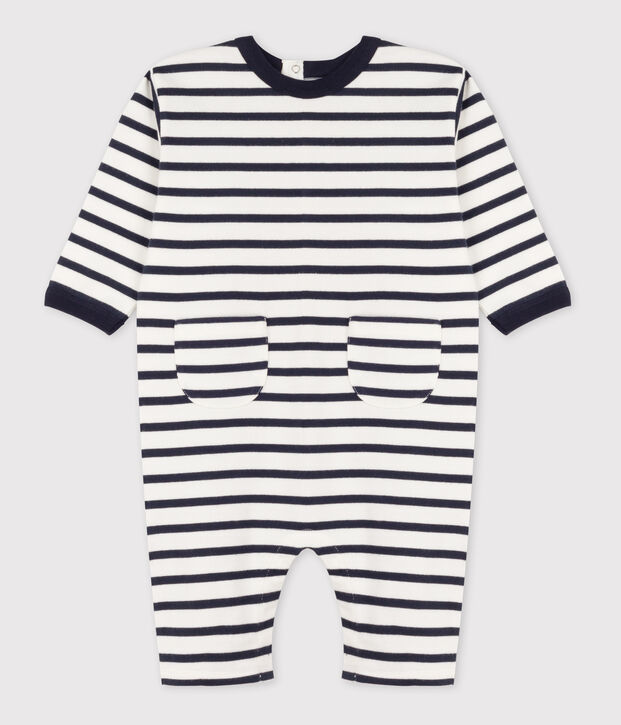 Combinaison b&eacute;b&eacute; ray&eacute;e marini&egrave;re en jersey &eacute;pais blanc/bleu